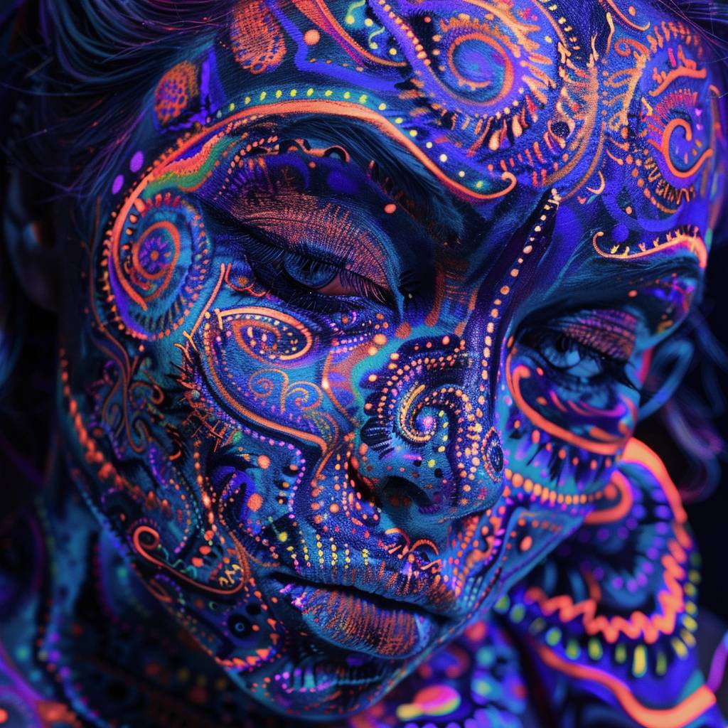 A stunning close-up photo of a woman artfully adorned with blacklight paint. Her face and body are covered in vibrant, intricate fluorescent patterns that glow brilliantly under the UV light. Her hair is cascading down her back, and her eyes are enveloped in a mesmerizing swirl of colors. The background is dark, allowing the neon patterns to truly shine, creating an otherworldly and captivating effect.