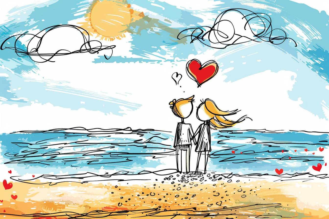 Hand drawing cartoon style 2D stick figure of a loving couple on a beach, hearts, very detailed, high quality