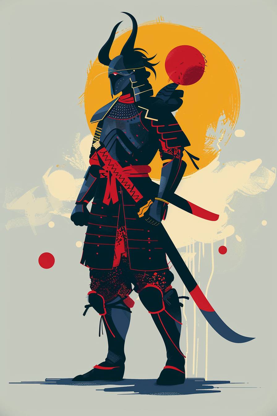 In the style of Eiko Ojala, warrior character, full body, flat color illustration