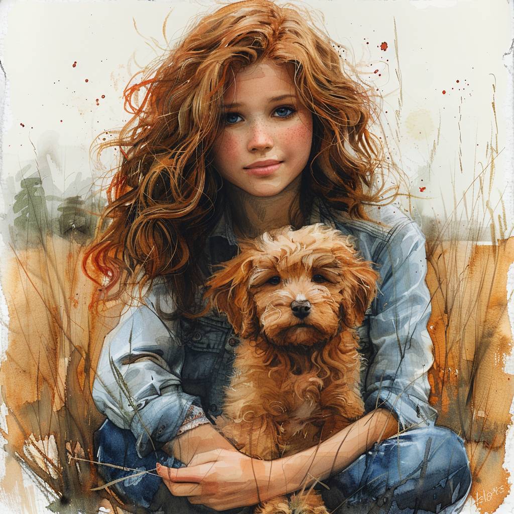 A soft watercolor and charcoal sketch illustration of a girl with curly and frizzy red messy hair, holding her puppy. She is sitting down comfortably, wearing a blouse, blue jeans, and boots. The background includes trees, grass, and a natural outdoor scene. Make the scene more colorful, with vibrant hues and rich details, while maintaining the textured, gritty feel.