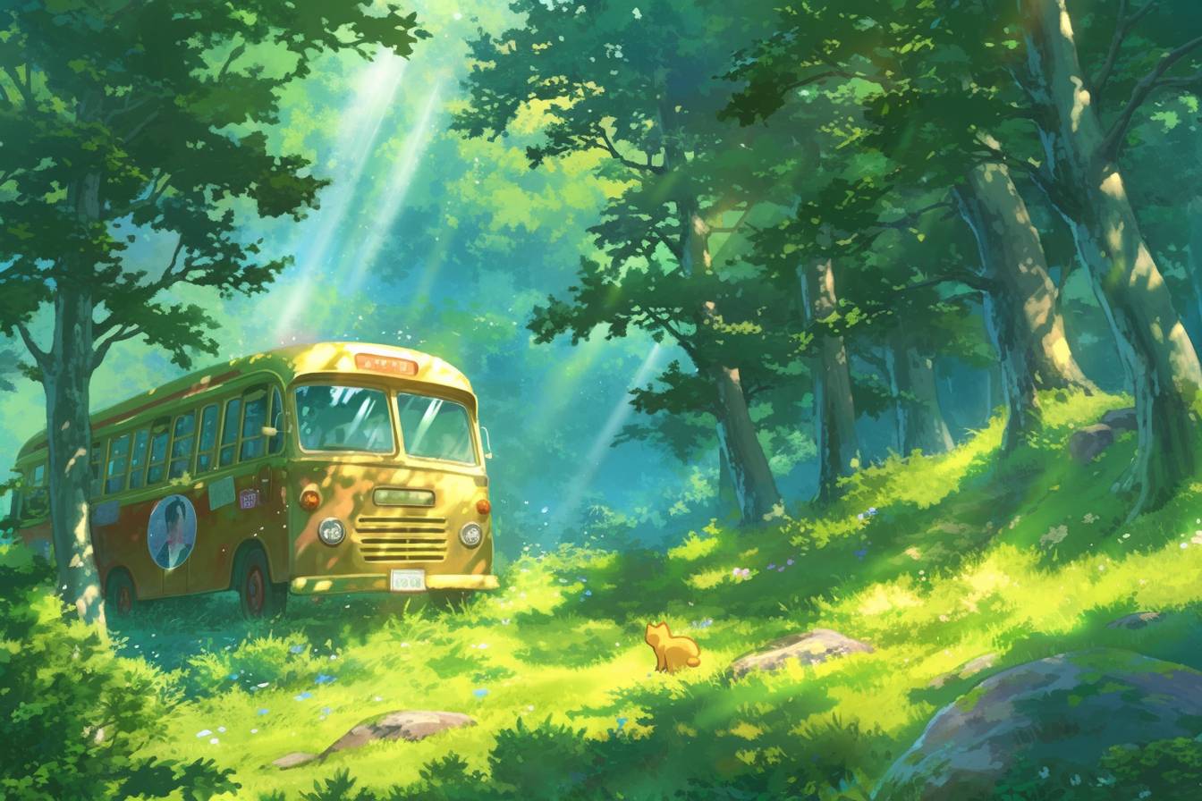 Masterpiece, best quality, Cat Bus, sunlight streaming through the trees in a forest, Studio Ghibli style by Hayao Miyazaki