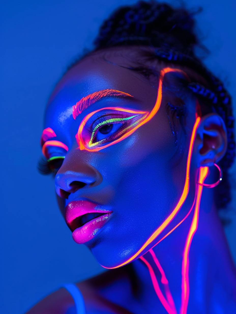 A young, stunning woman with neon eyeliner and glowing fluorescent makeup showcasing K Parlour's artistry on her eyes, mouth, and face, illuminated under a blacklight