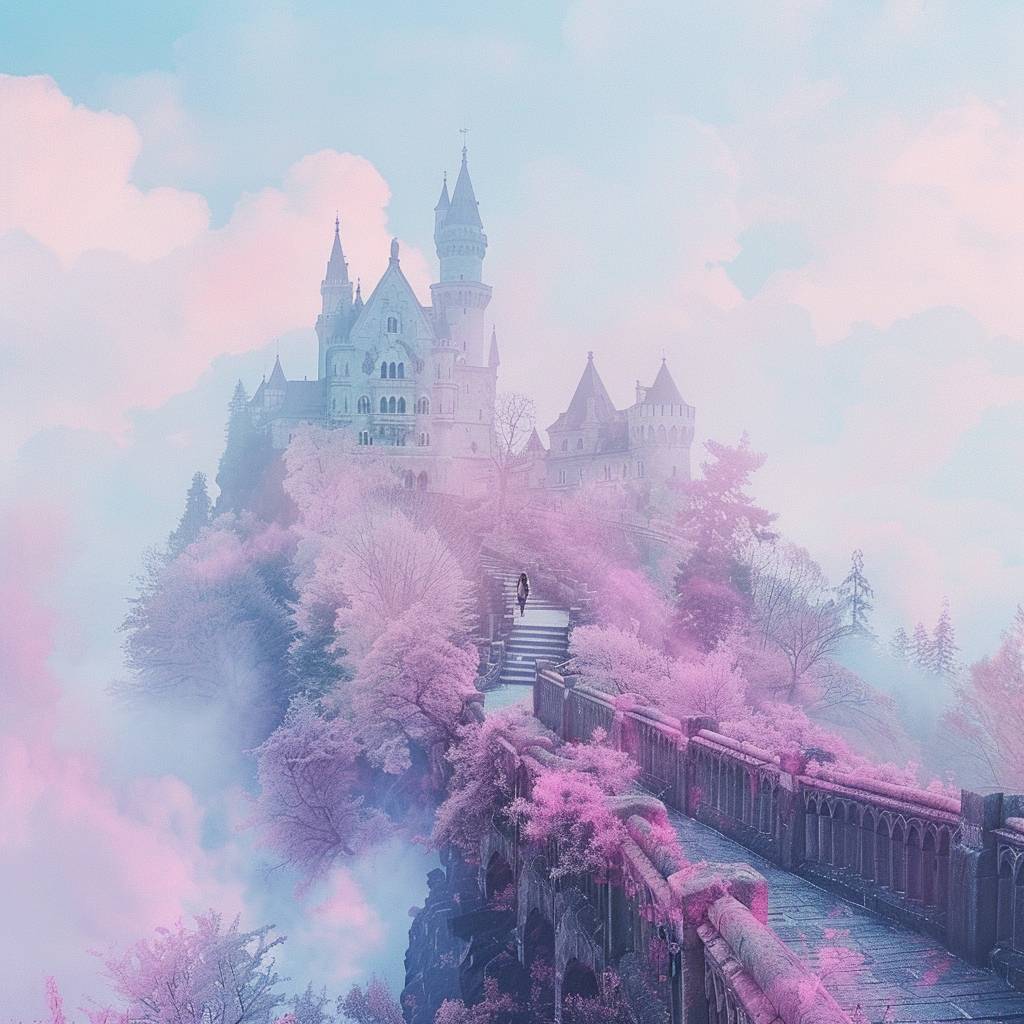 The overall color palette should be soft pastel colors and have a surreal, whimsical, magical, fantasy, dreamy feel.