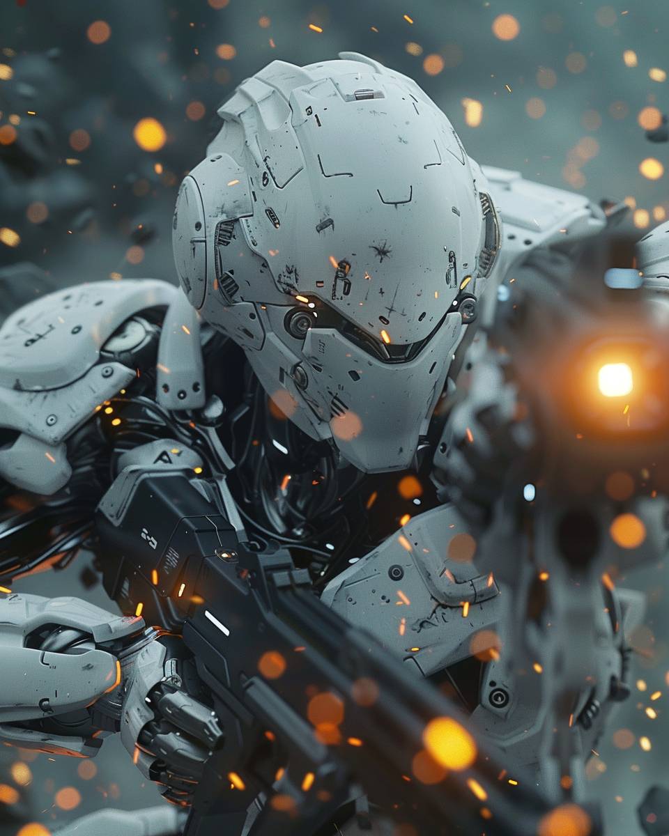 A mecha fighting game developed by FromSoftware, featuring flames in the background, detailed body with full and intricate mechanical structure, white mecha resembling ARMORED CORE and hawken, black-colored visor with a blur effect, created using ZBrush for digital 3D artwork, utilizing DataGRAPH and Hard Surface techniques, with a resolution of 24K, showcasing glowing eyes and resembling Gundam.