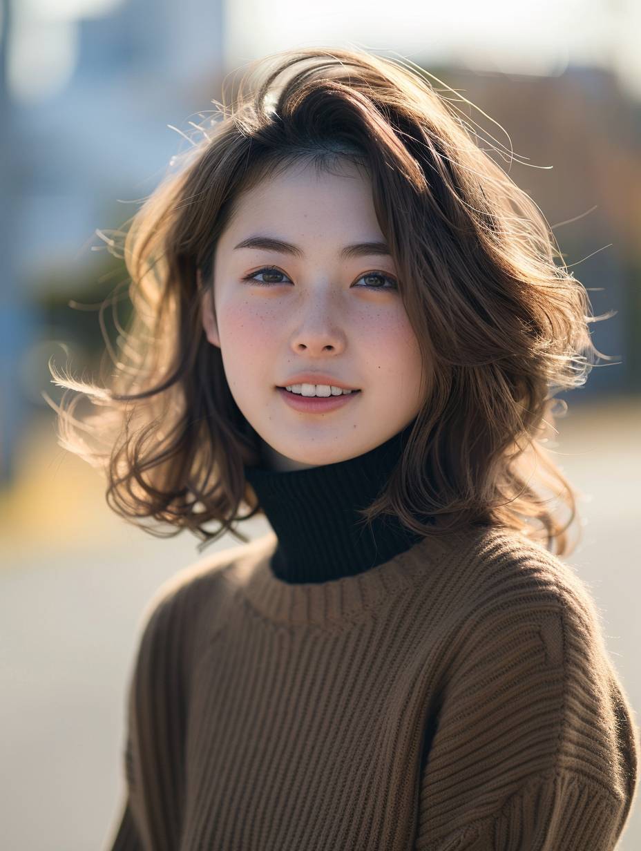 Cute Japanese fashion model, 18 years old, medium beige-brown hair, simple and elegant clothes, soft light, high quality, SLR. embarrassed grin.