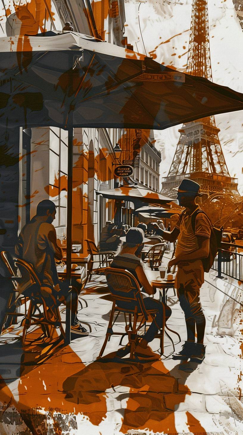 Charming Parisian street café, people enjoying coffee, Eiffel Tower in the background, soft morning light, romantic atmosphere
