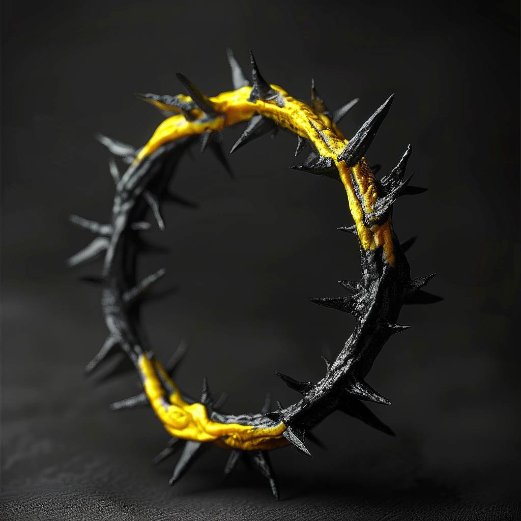 黒と黄色の非常に詳細かつリアルなトゲで作られた指輪、鋭いエッジ、呪われ、ティルトシフト効果