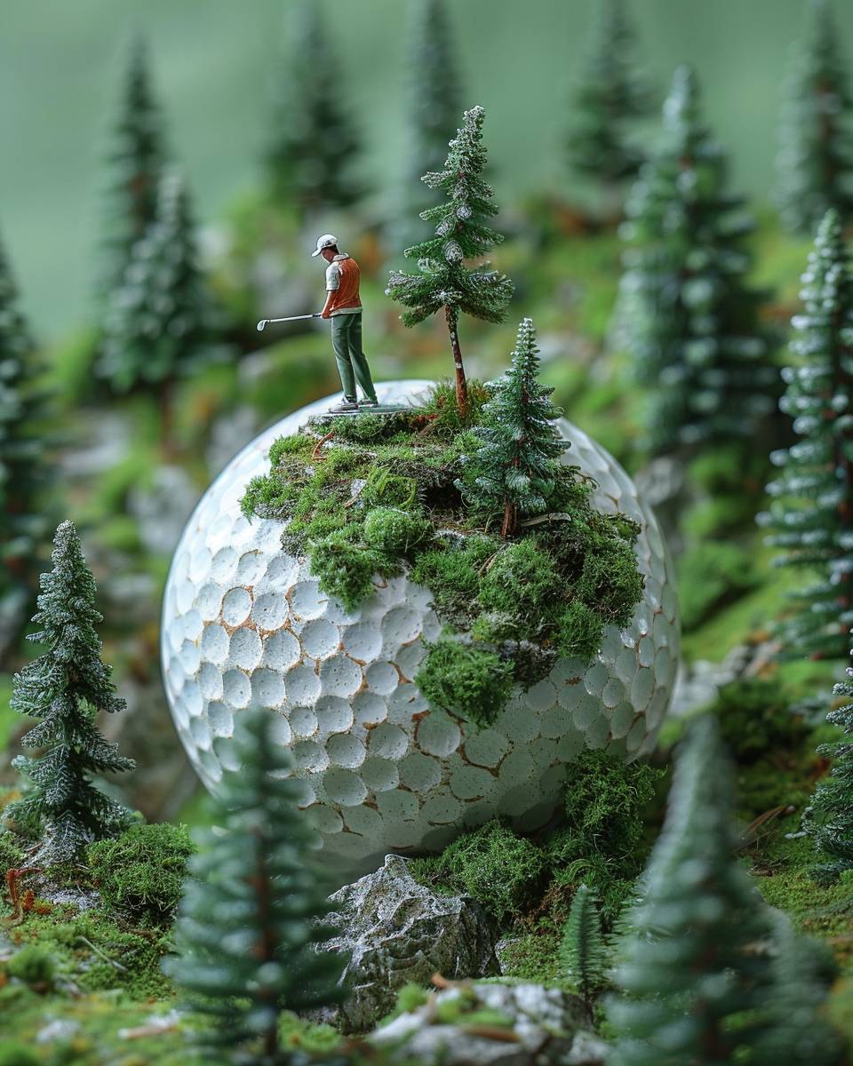 巨大な白いゴルフボールの上でゴルフをする小さな人間。周囲には写実的な緑の芝生と木々があり、背景は一色である。この風景は高い解像度で描かれ、豊かな緑の植生と小さな松の木が微小な世界に奥行きを与えている。この芸術的な表現は、自然の抱擁の中での静かなゴルフの瞬間の本質を捉えている。