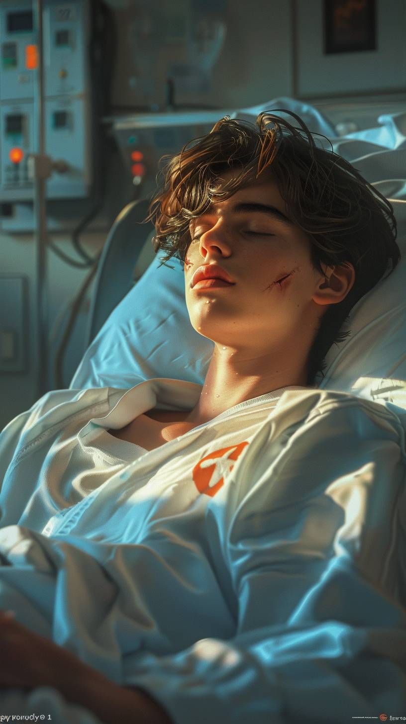 病院のベッドに横たわる超ハンサムな10代の少年、目を閉じており、背景には病棟が描かれており、超リアルなスタイル。