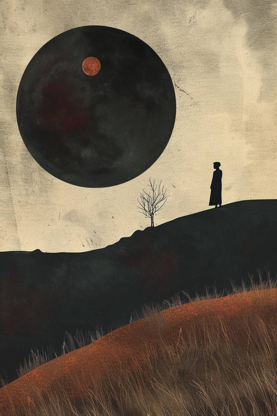 In the style of Jon Klassen, Lunar eclipse casting a shadow over the land