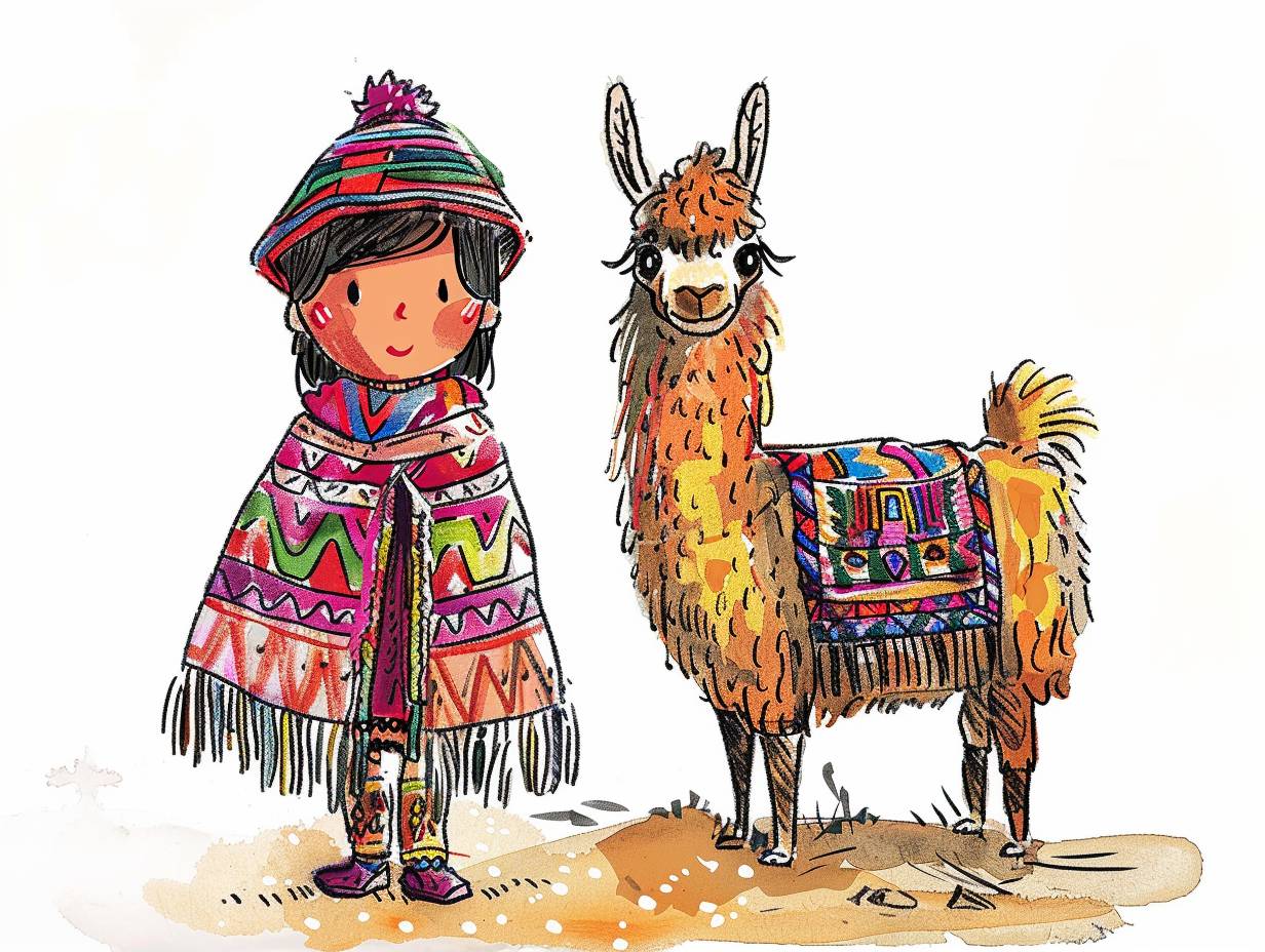 Hand-drawn cartoon style 2D stick figure of a Quechua girl and her llama, wearing a colorful poncho, very detailed, high quality