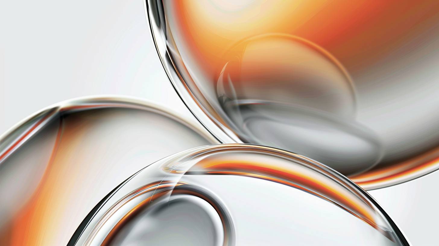 白い背景にオレンジとグレーのグラデーション、左上と右下に滑らかな曲線の形をした二つの半円、前景と背景にガラス球、淡いグレーの背景、ぼかしエッジ、モダニズムデザインスタイル、フォーカススタッキング、シンプルな形状、柔らかいグラデーション、線形要素、現代主義のアーティストのスタイルに