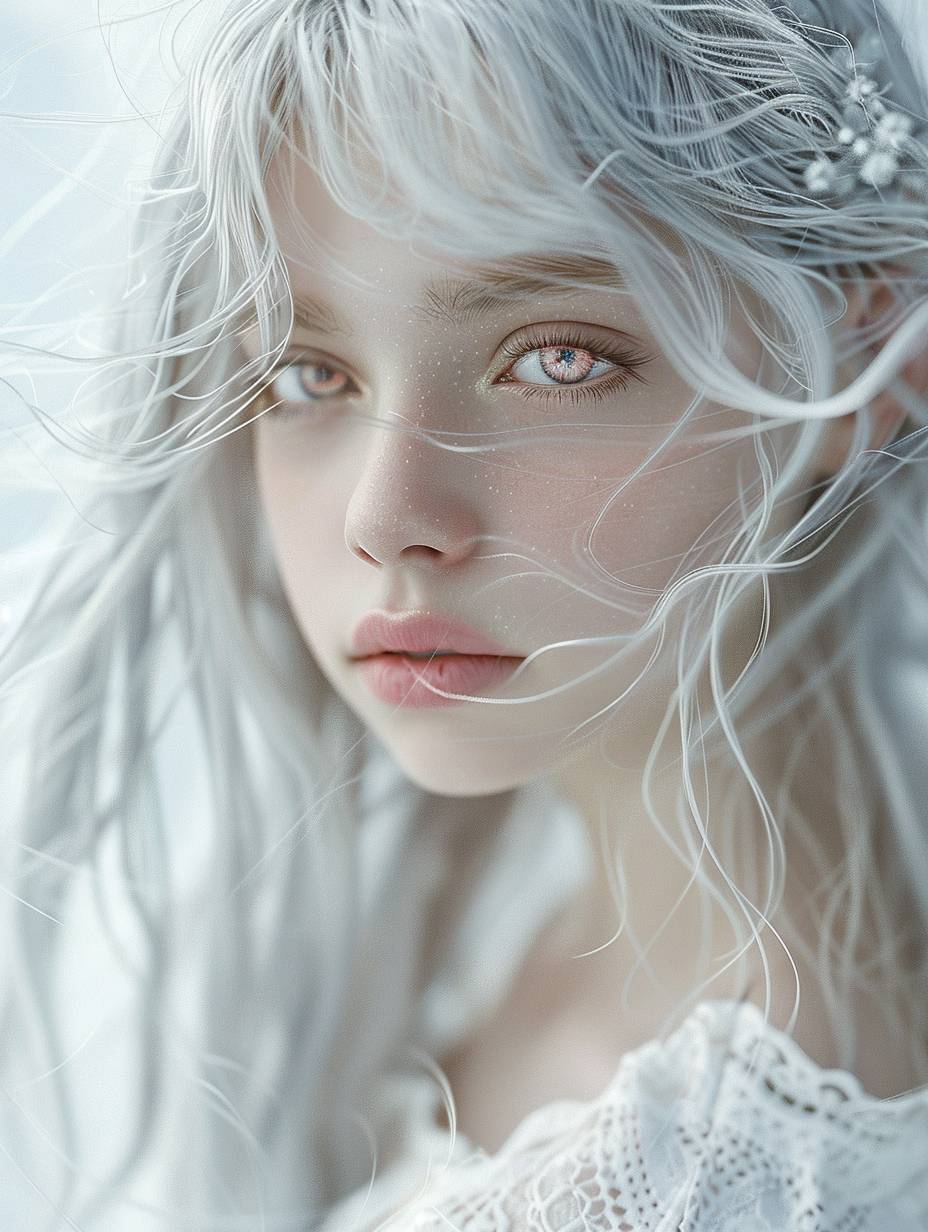 A girl with silver hair, light pink eyes and babylike skin wearing a white dress, with a delicate face and pale color tone. She has beautiful makeup in a dreamy scene with natural lighting and a soft focus closeup, captured through ultrarealistic portrait photography in the style of fantasy art at a high resolution.