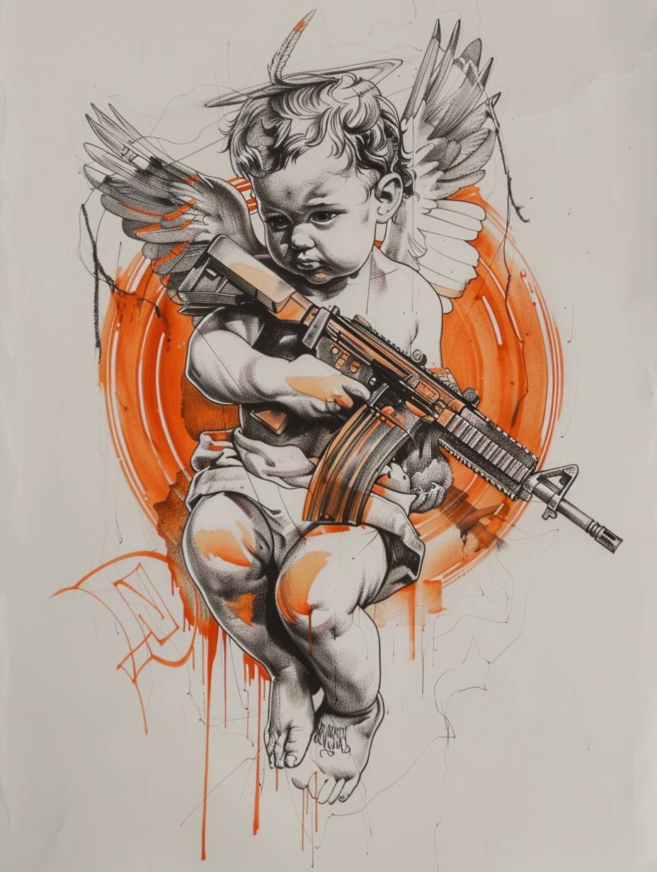 Drawing of baby angel with AK47, orange and grey color tattoo design