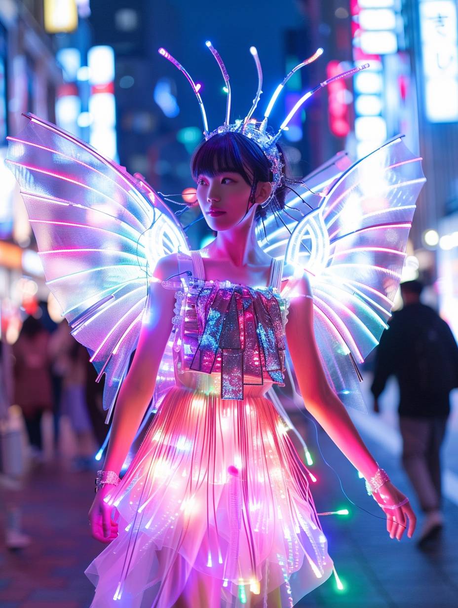 네온 조명 드레스를 입은 모델이 미래적인 헤어 액세서리와 회로 기판 및 광섬유 조명으로 만든 홀로그래픽 날개로 돋보이는 풀 바디 패션 사진. 밤에 Shibuya 도시의 거리로 설정되어 있으며,이 이미지는 심도있는 섬세한 초상화를 강조합니다.