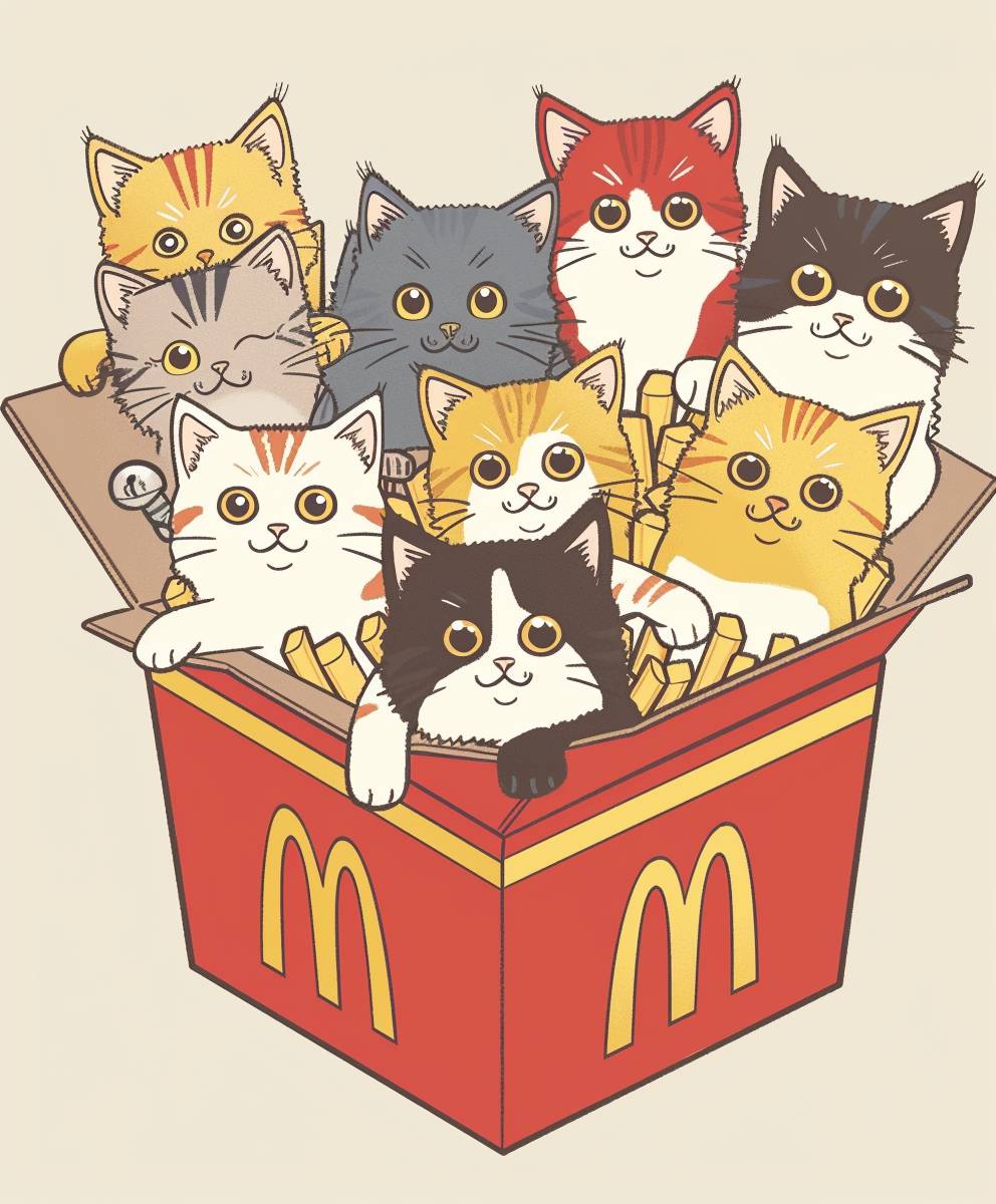 マックナゲットボックスの中にたくさんのかわいい猫が入っている、静止画、アニメ風、背景は単色、Tシャツデザインのスタイルで。
