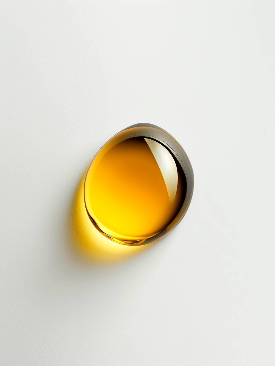 Top-view, a realistic photograph of a drop of colorless oil, photographed on a white surface, top view, zoomed out, studio photography, hard white flash
