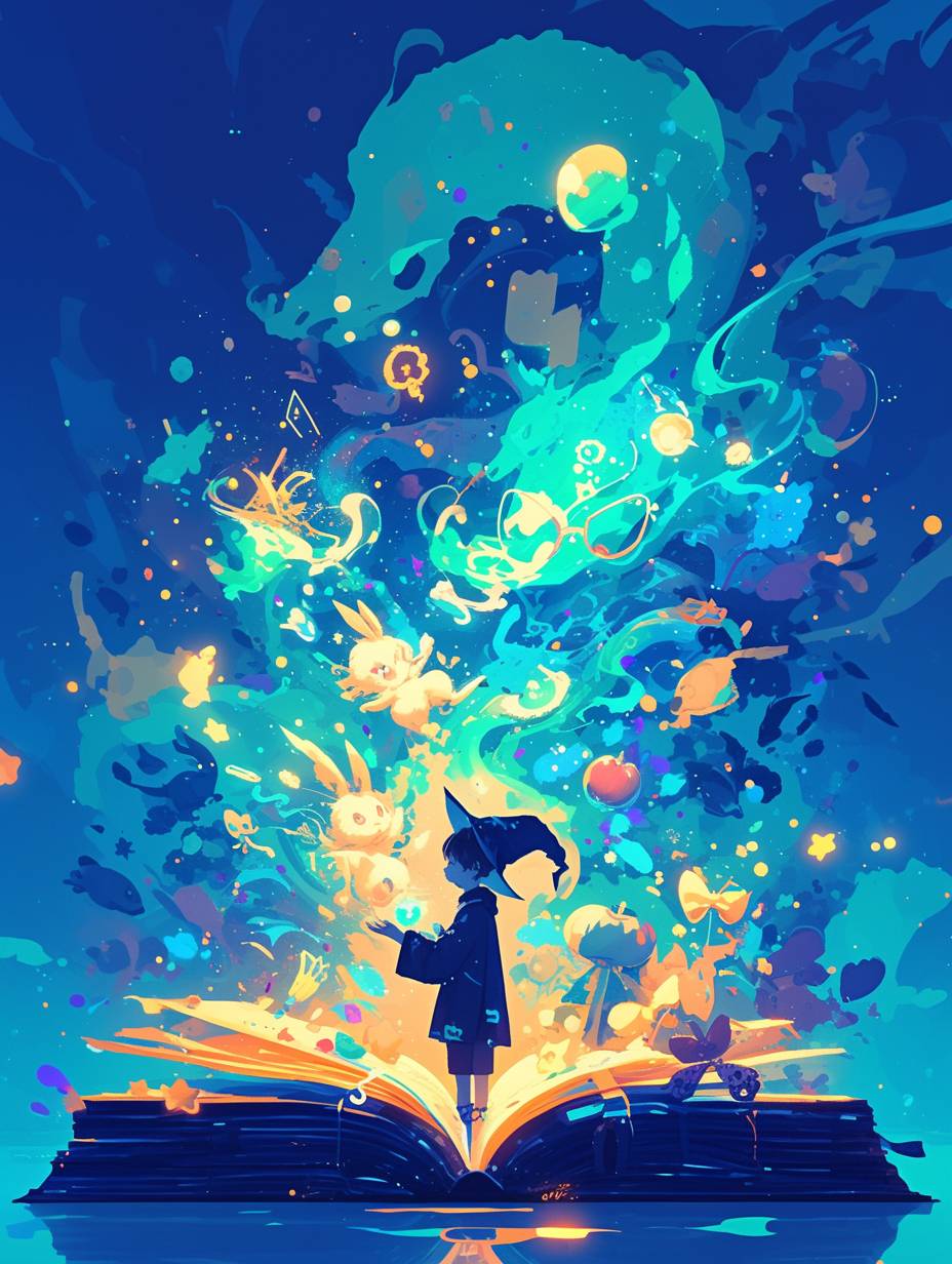 Simple lines, exaggerated design, anime style, central composition, vibrant colors, high contrast, a little boy wearing a wizard hat holding an open magical book, words flying out of the book transforming into lively objects like an apple and a rabbit, green smoke coming out of the book and floating up, magical elements like glowing symbols, stars, and sparkles, soft lines, friendly and simple design, primary colors teal and blue background accented with yellow and red