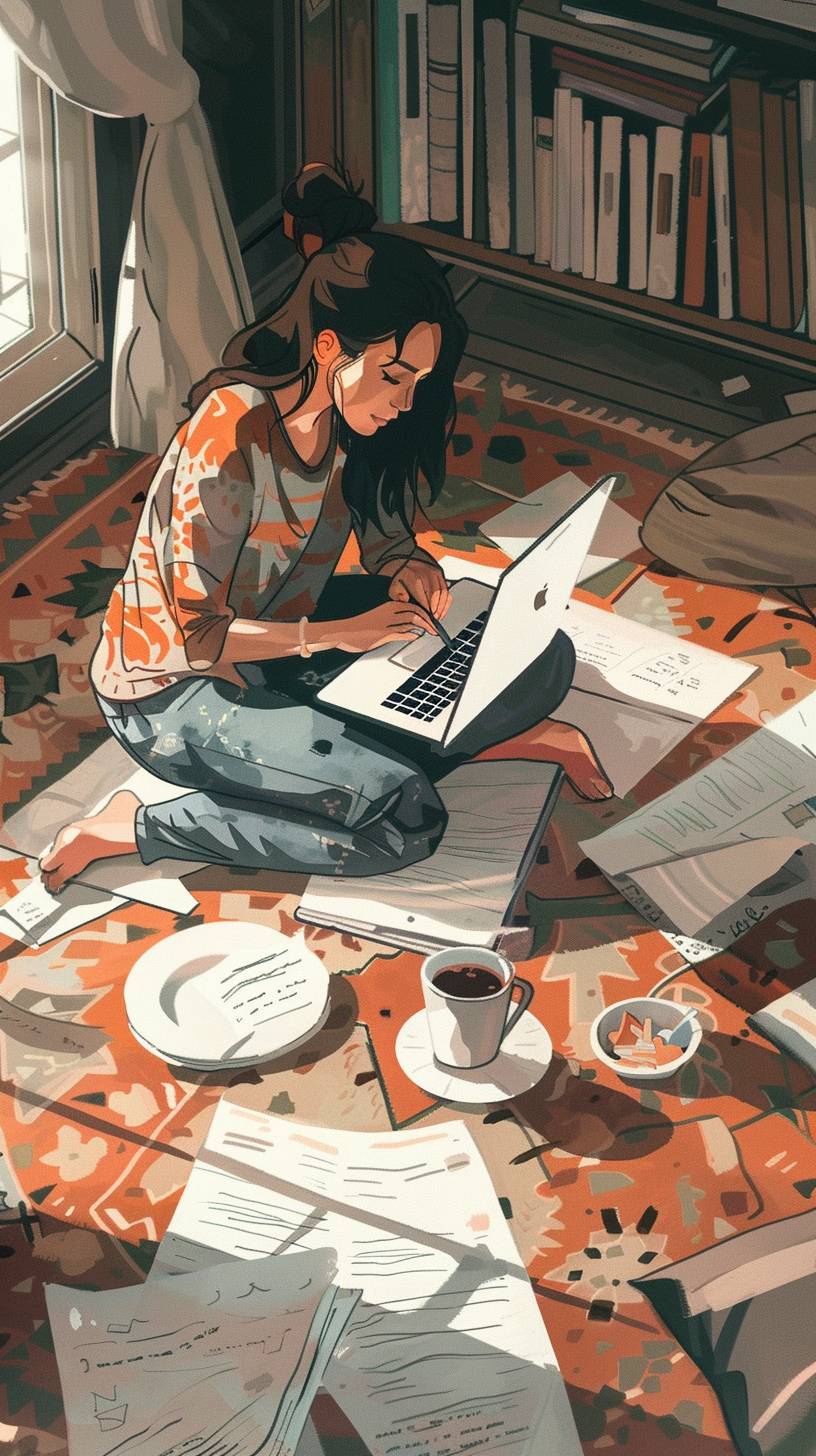 A girl sitting on a carpet with a laptop, writing an email, surrounded by papers, plates with leftover food, cups of coffee, illustration by Erzhe, 2d vector style