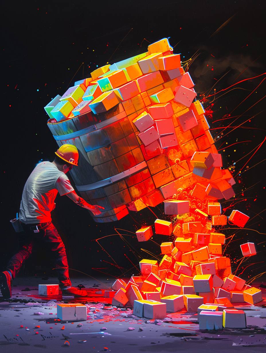 Painting of ghost construction worker pushing a barrel of neon bricks, Miniature scale