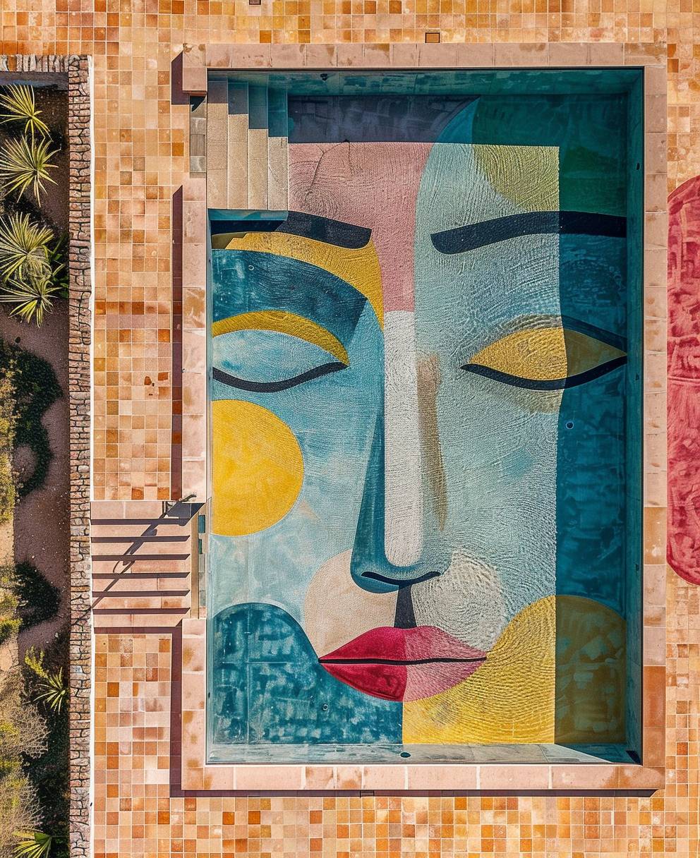 Aerial view of swimming pool with face motif in the style of Picasso and Matisse, pastel colors, minimalist design