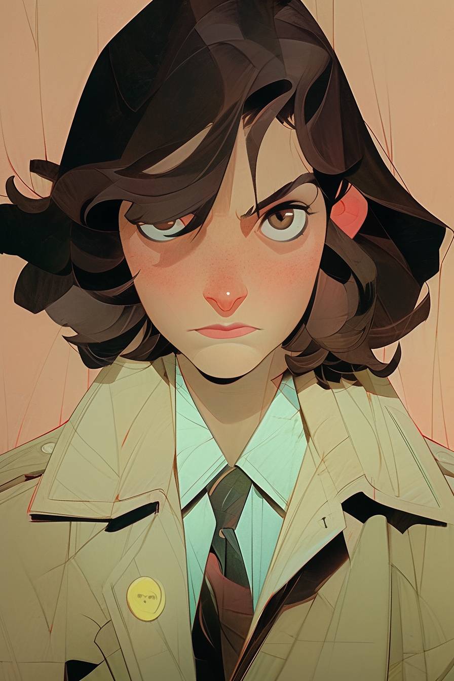 A confident woman detective with a sleek bobbed hairstyle and observant brown eyes, wearing a gray detective coat, is examining clues in a dimly lit crime scene. Portrayed in a half-body shot, her face drawn by the masterful artist Wes Anderson, with detailed features, set against a gritty background --ar 2:3 --niji 5 --style expressive