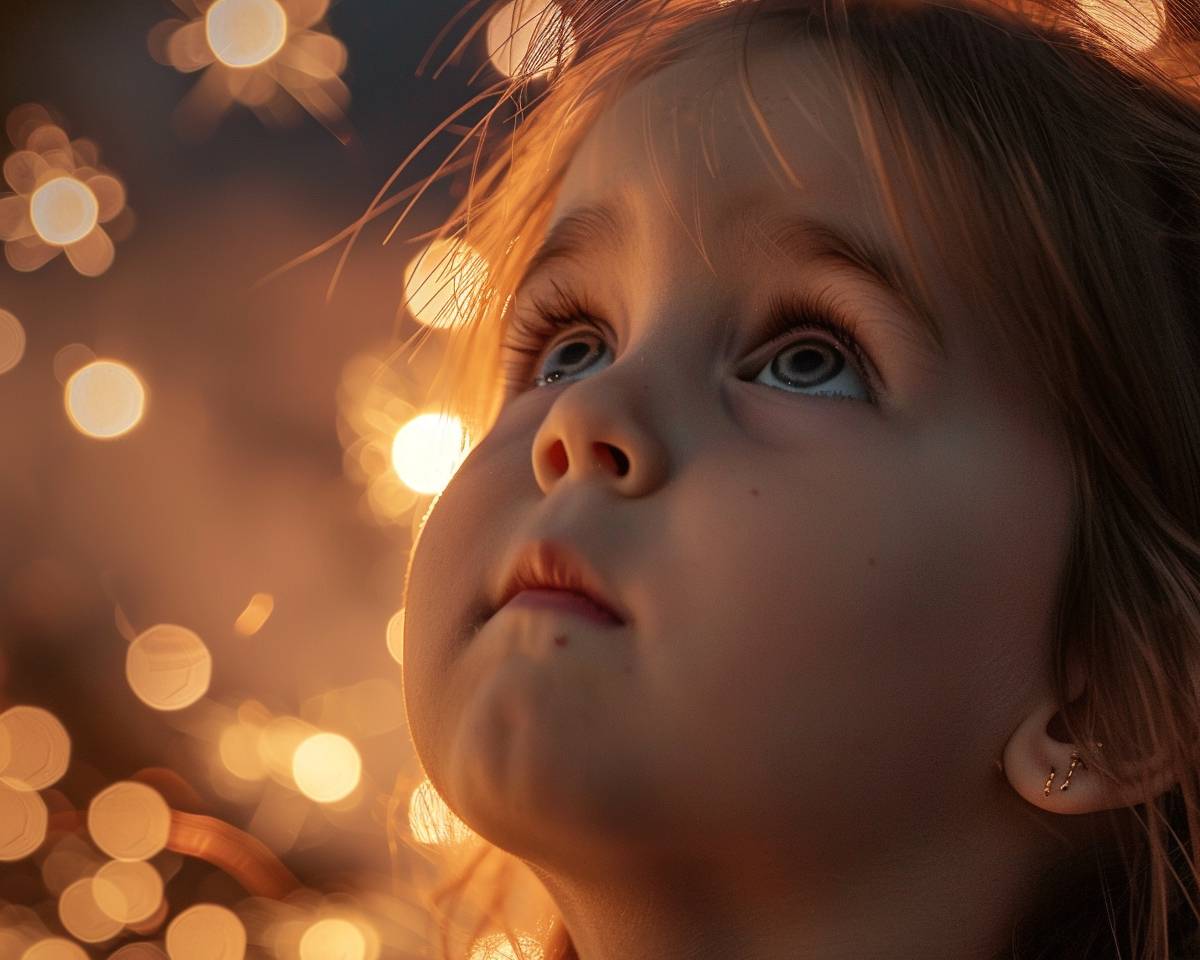 Capture the face of a little girl looking up at fireworks in the night sky with high detail, clean and neat, indoor photography style, professional photography technique, photo-realistic, 4K resolution. Utilize Canon EOS R5 with F16 aperture, ISO 1600 sensitivity, 100mm focal length. Set the aspect ratio to 5:4 and use version 6.0.