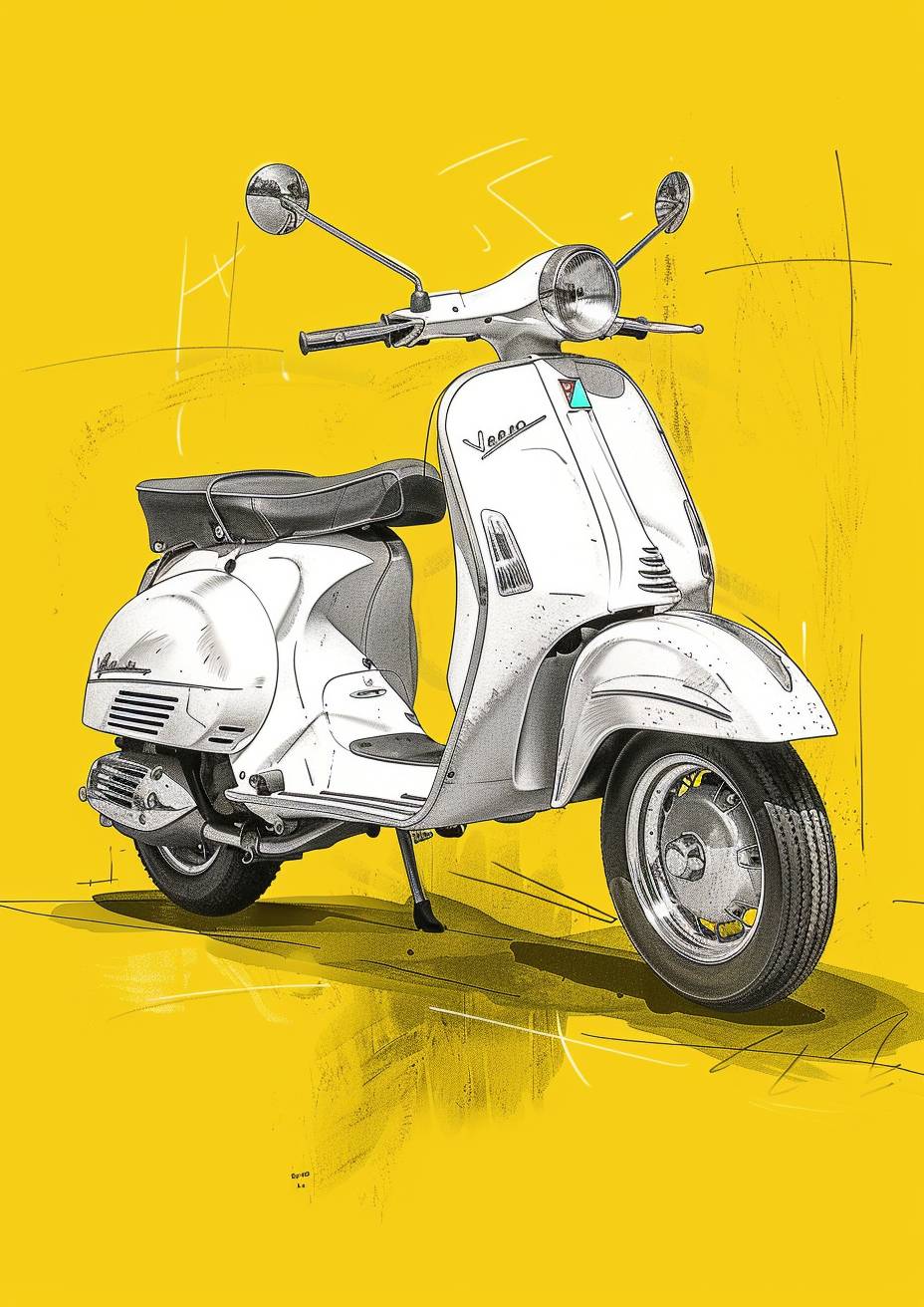Vespa GS classic white on yellow background, seen from the side, sketch, 4K