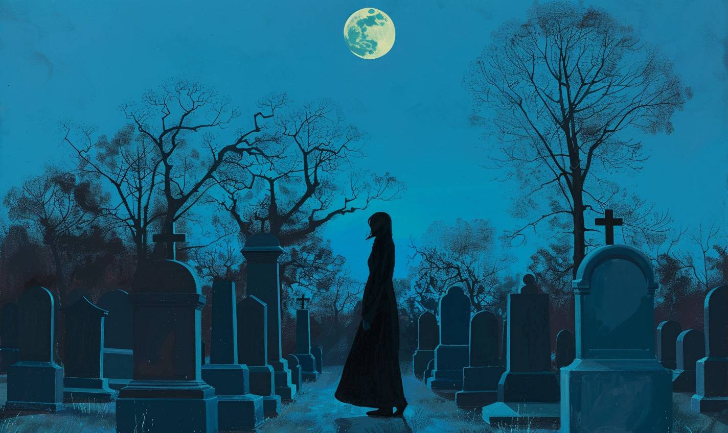 In the style of Amy Sherald, an eerie cemetery on a moonlit night