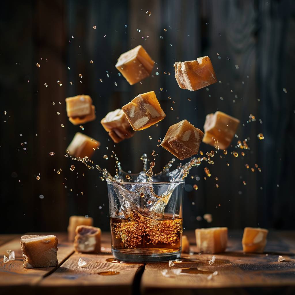 Advertisement photography, flying pieces of [subject], [drink] on a wooden table, studio lighting, food photography, [background], high quality, space for writing.