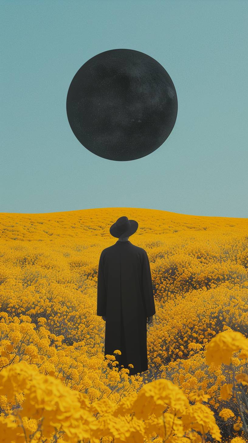 A minimalistic surreal digital art piece depicting an isolated figure standing in the middle of a vast field covered with yellow flowers. The person is wearing black and a hat, their back to camera creating a striking contrast against the vibrant yellow landscape. Above them floats a large black circle, adding depth and symmetry to the scene. This composition evokes a sense of solitude amidst nature's beauty, in the style of a surrealist artist.