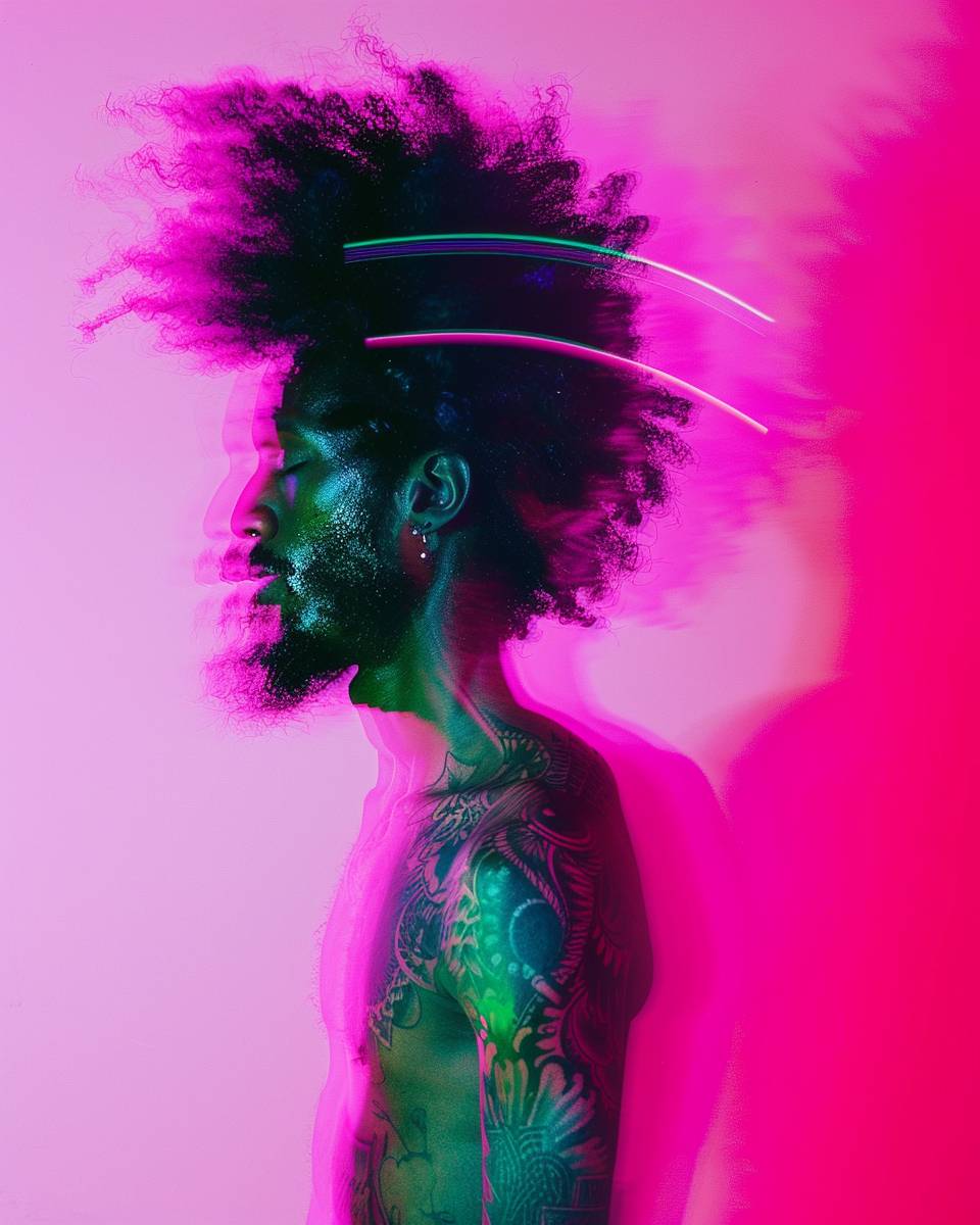 Editorial fashion photography, profile of a man with afro hair and tattoos, vibrant motion blur effect with a neon color scheme, digital design, bright studio lighting with an ethereal, futuristic mood, Fuji Velvia 50 film stock, vibrant pink, green, and purple color palette --ar 4:5 --style raw --stylize 0 --v 6.0