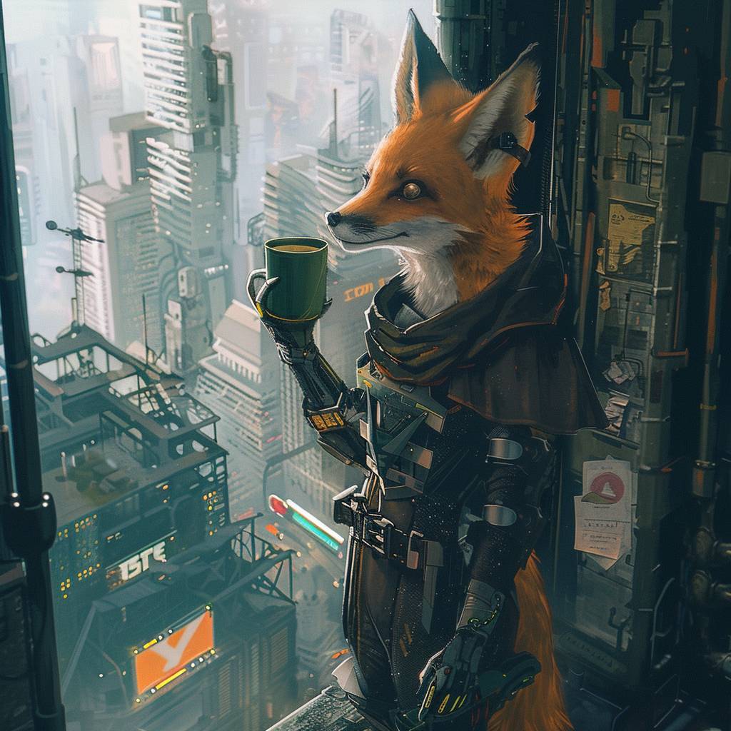 A cyberpunk Fox dressed as a witch standing near the window of a skyscraper that's overlooking a busy tech city. In one hand the fox holds up a mug of coffee to take a sip. She turns towards the camera and gives a sly blink as she prepares to fly.