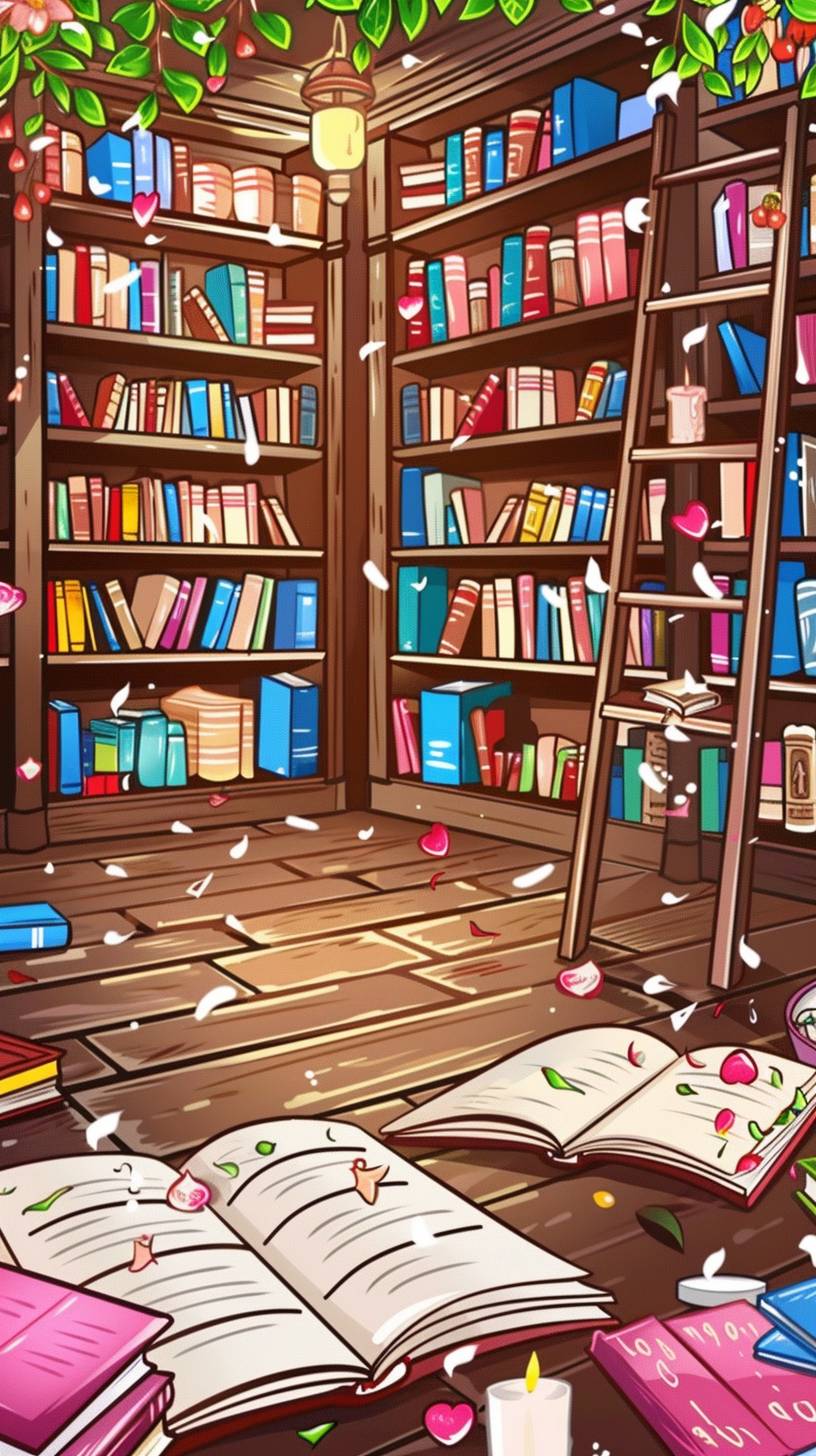 高い本棚、浮かぶ本、暖かいキャンドルの光、古代の書物や巻物、神秘的な雰囲気を持つ魔法図書館