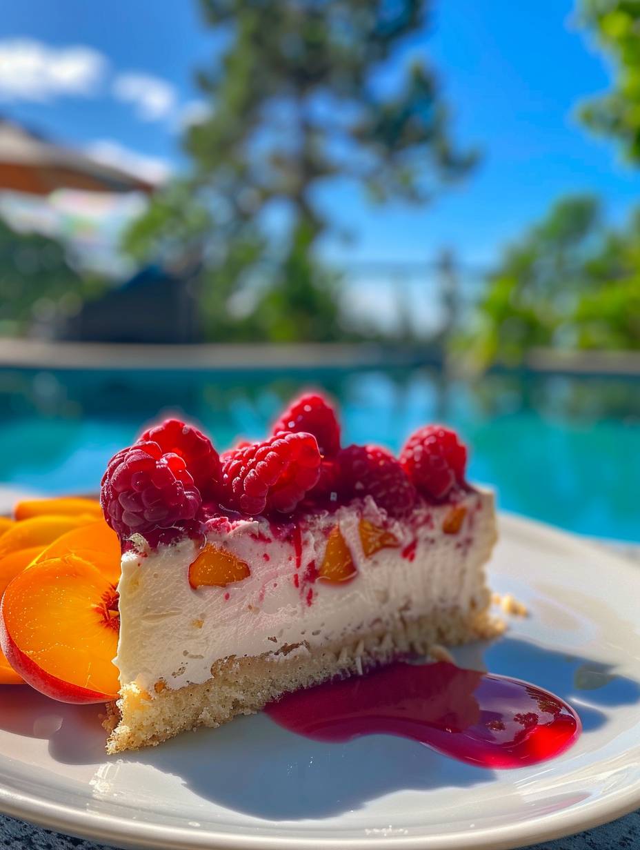 Amateur close-up photo from Instagram. Taken with an iPhone 15 Pro. Mouthwatering delicious Peach Raspberry Cake featuring vibrant colors, served in a luxury pool resort.