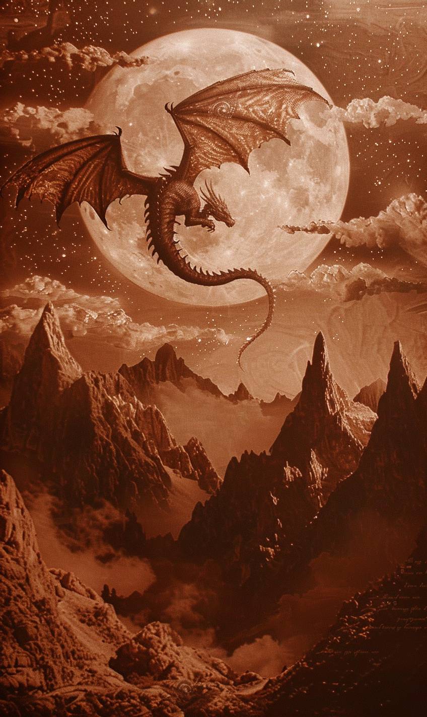 A mystical dragon is flying over a moonlit mountain range. The dragon's scales shimmer in the moonlight, and ethereal clouds and stars fill the sky.