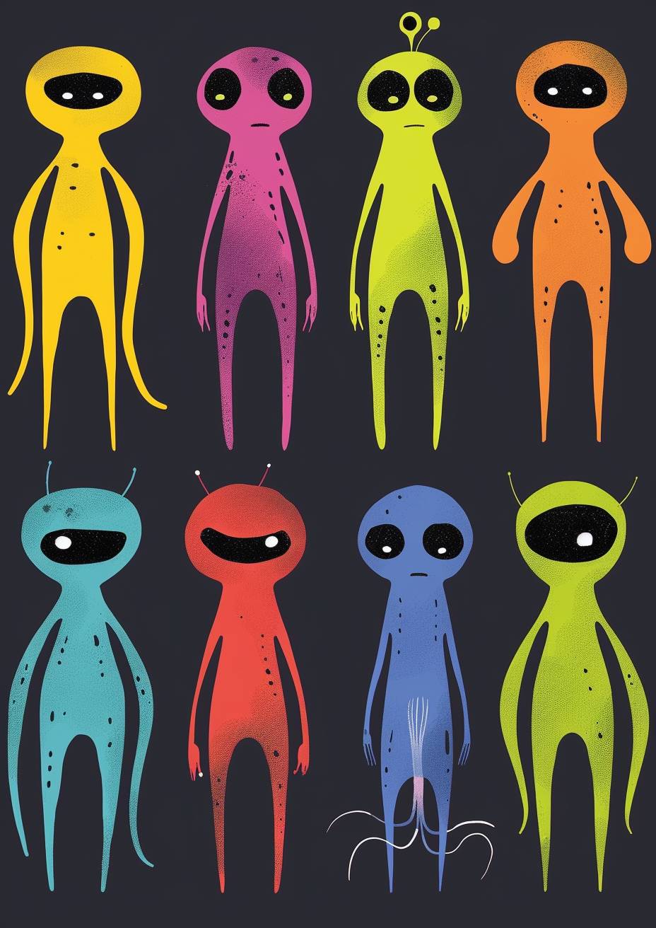 9 types of different colors cute aliens by Allie Brosh
