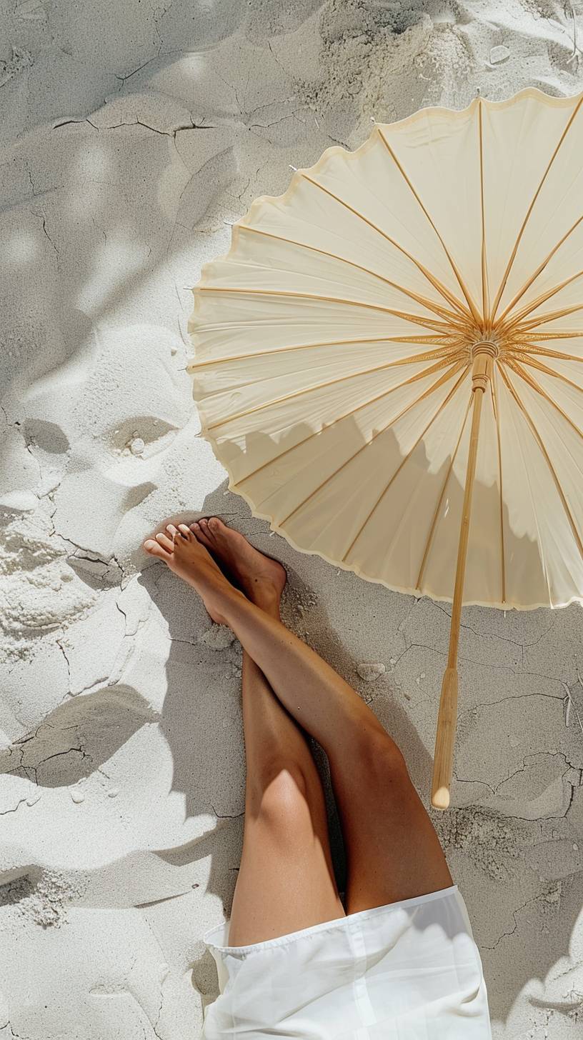 躺在浅灰色表面上的人被一把大而精致的黄色沙滩伞遮盖住，只露出腰部和腿部。人的腿十分优雅地交叉，为构图增添了一抹优雅之感。表面的质感与伞的柔和色调形成鲜明对比，营造出一幅宁静而极具视觉冲击力的画面。整体美感干净简约，专注于柔和粉色伞和中性背景的相互作用。这张照片是竖版的，非常适合在Instagram上发布。