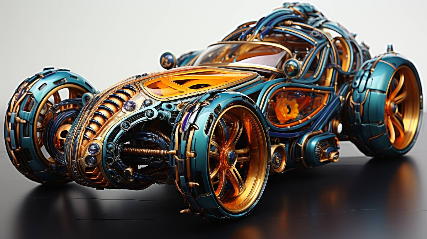 Fun art, colorful futuristic luxury glass-made farming machinery car and sports car and travel car, using steampunk warcraft art, extreme caricature art, Ferrofluid art