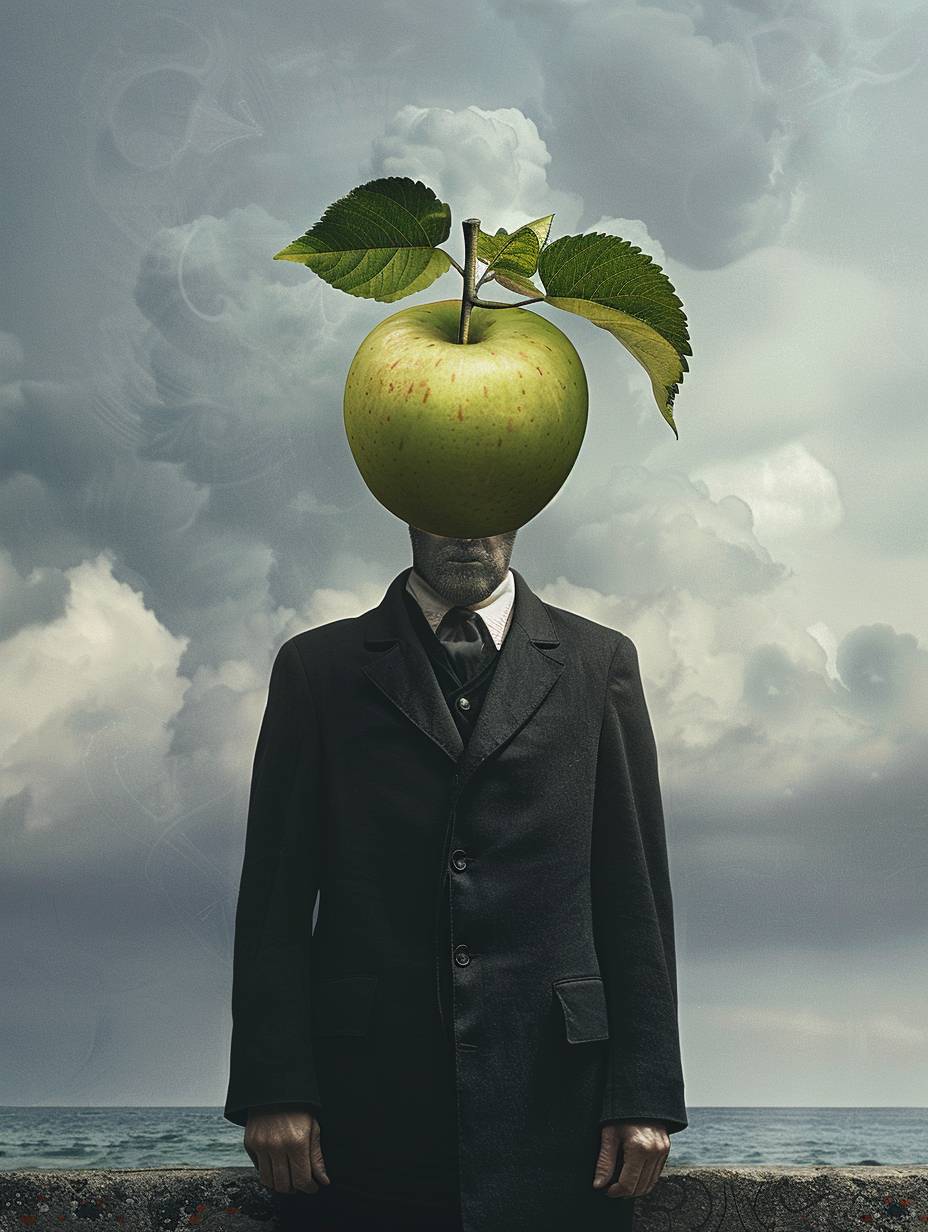 The UHD shows a man in a dark overcoat and a bowler hat standing in front of a low wall overlooking the sea. His face is largely obscured by a hovering green apple, which has a few leaves attached to its stem. Only parts of his eyes are visible peeking out from behind the apple. The background is a cloudy sky. The man appears to be standing still with his hands at his sides, futuristic dreamy, sunshine, warm colors, UHD, shot on Canon R5 50 1,8, UHD, aspect ratio 3:4, style raw, v 6.0.
