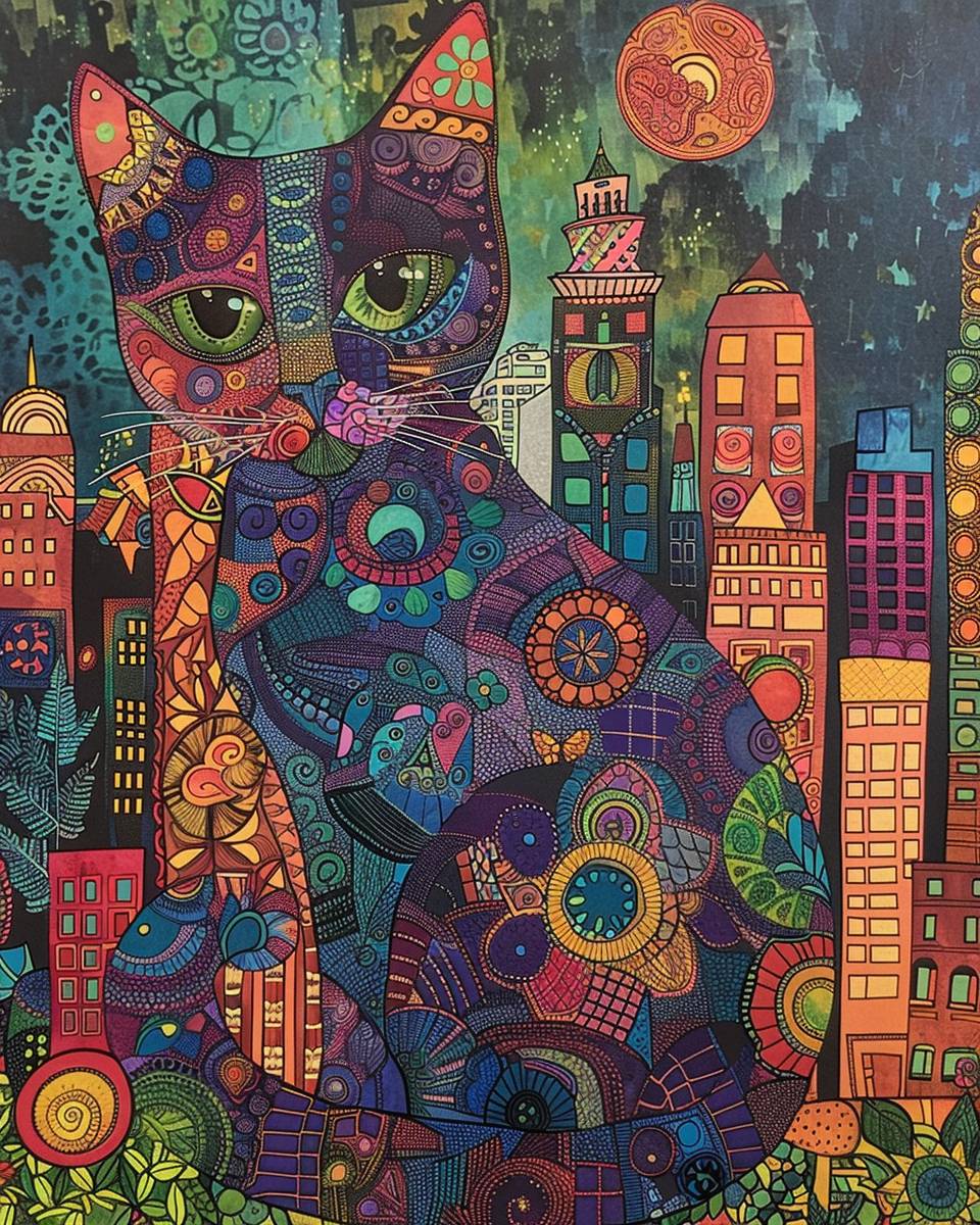 Mandala cat, cityscape, full color --ar 4:5  --v 6.0
