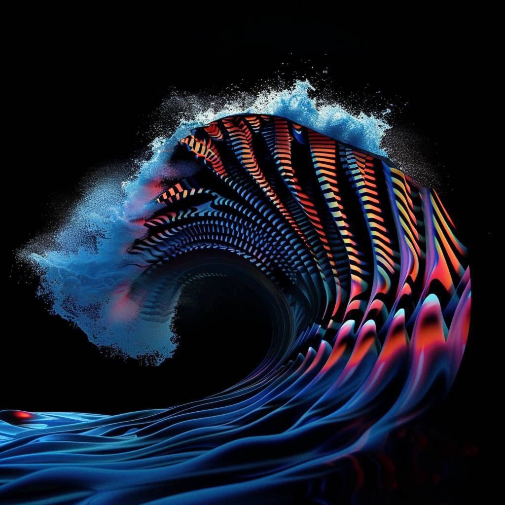 A rogue wave silhouette, pop art dotted patterns, made of words, in the style of vector illustration, high contrast, silhouette lighting, dark background, typography art, interrupted with digital glitch streaks, light cyan and blue color palette, (cinematic realism:1.4), 3D illusion, photorealistic, hyper realistic