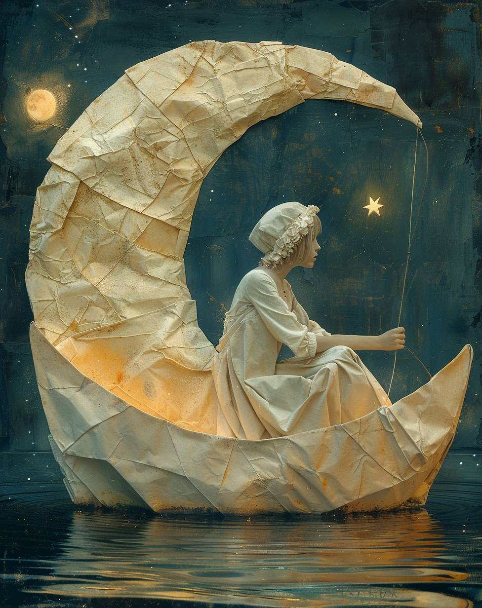A photo in the style of Mark Ryden, featuring a man sitting in an origami boat, holding the moon on his head with one hand and fishing for stars with another hand.