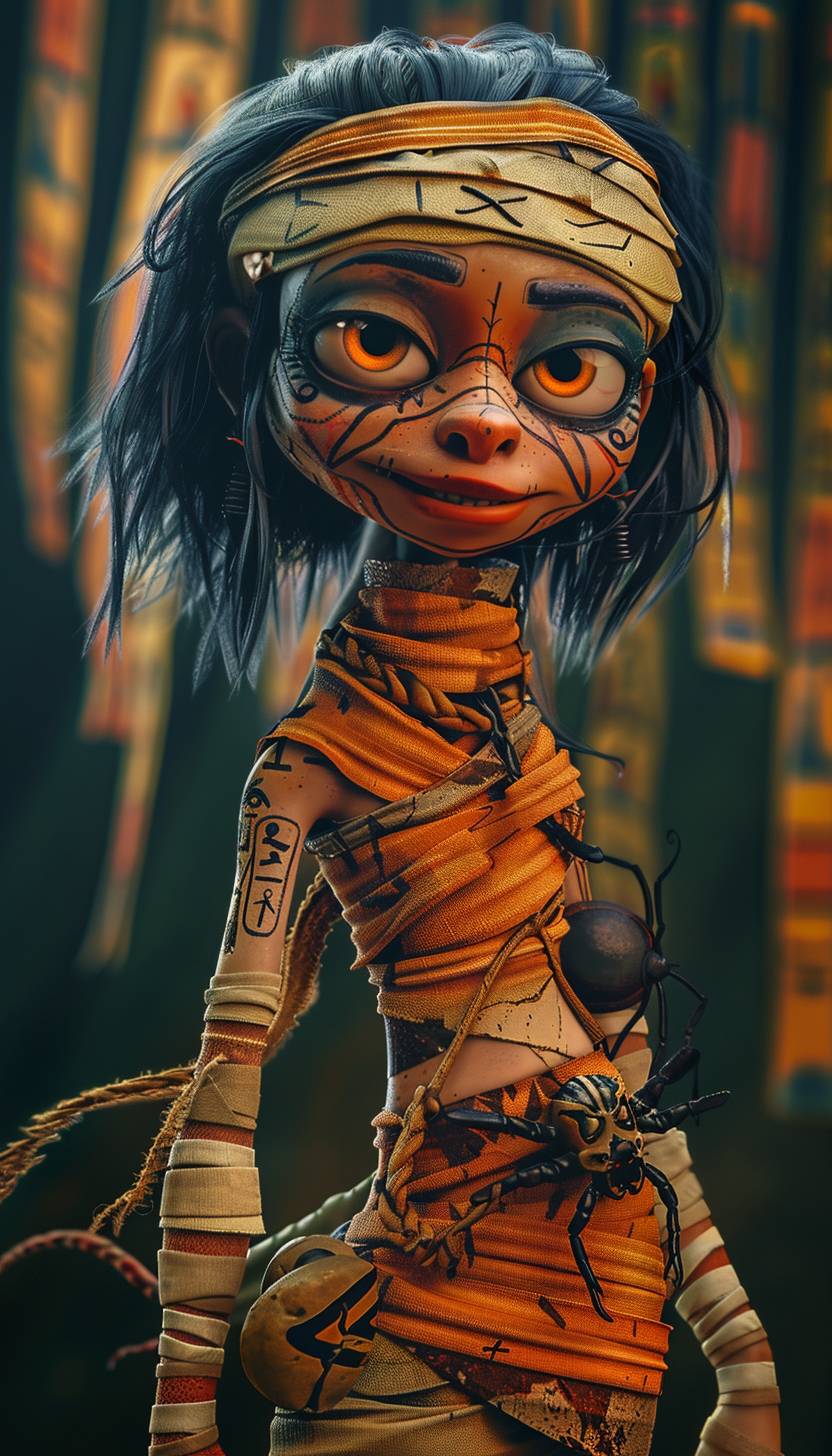 Portrait of a young and zany Egyptian female mummy, funny and energetic, with lots of Egyptian symbols like ankh or beetle, in Pixar's popular kid movie style