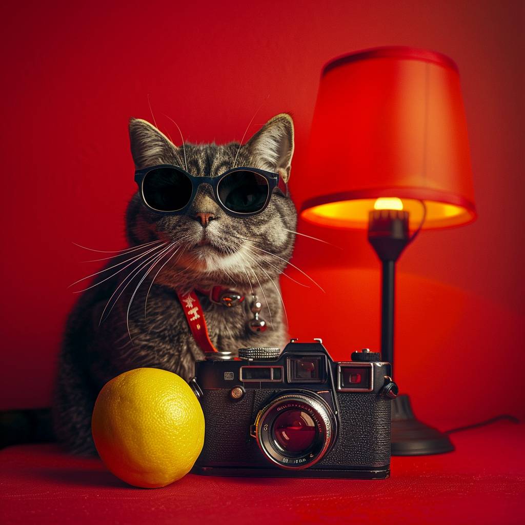 Cat wearing sunglasses next to lemon and camera, with a red lamp