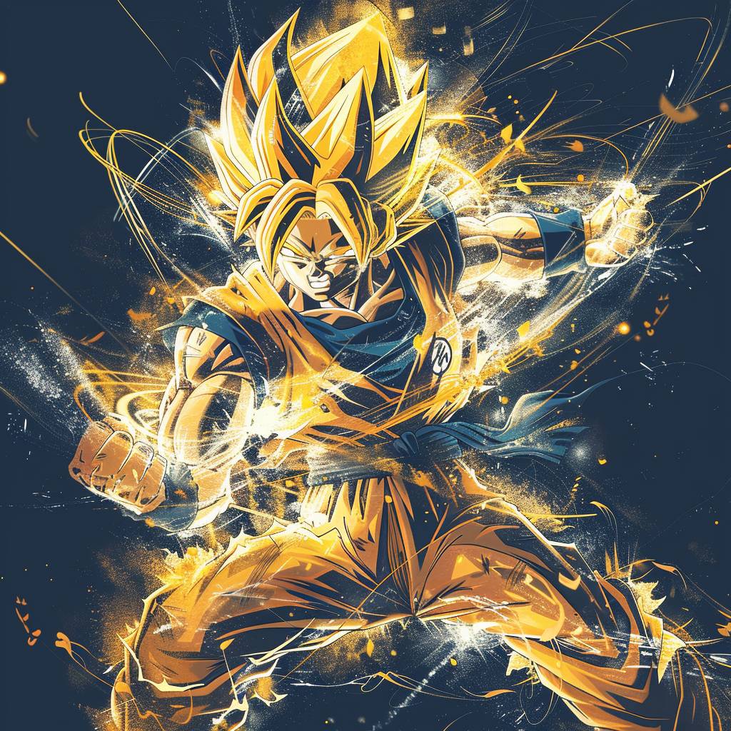 Super Saiyan Goku from Dragon Ball in an action pose, with a vector art style and a gold and black color scheme, dramatic lighting, detailed background elements, a dynamic angle, bold lines, high contrast, anime artwork, high resolution, high detail, vibrant colors, an energetic atmosphere