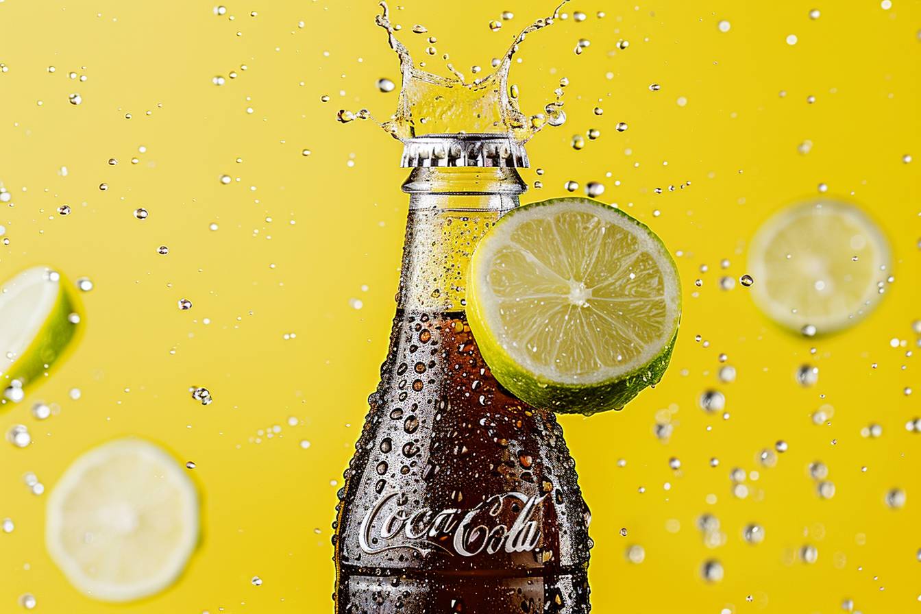 Bottle of coca-cola with waterdrops on the bottle, yellow background with pieces of lime flying from the back of the bottle, realism - aspect ratio 3:2 - personalized 6xkrf8s - stylized 250 - version 6.0