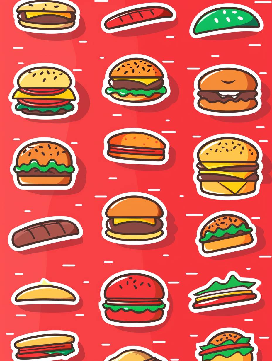 Several stickers in 1 piece, knolling of minimalism style cute hamburger, cute pocket sticker, vector image, icon design, sleek lines, flat color, red background, no text, no watermark, red blue yellow green, aspect ratio 3:4, stylize 200, version 6.0