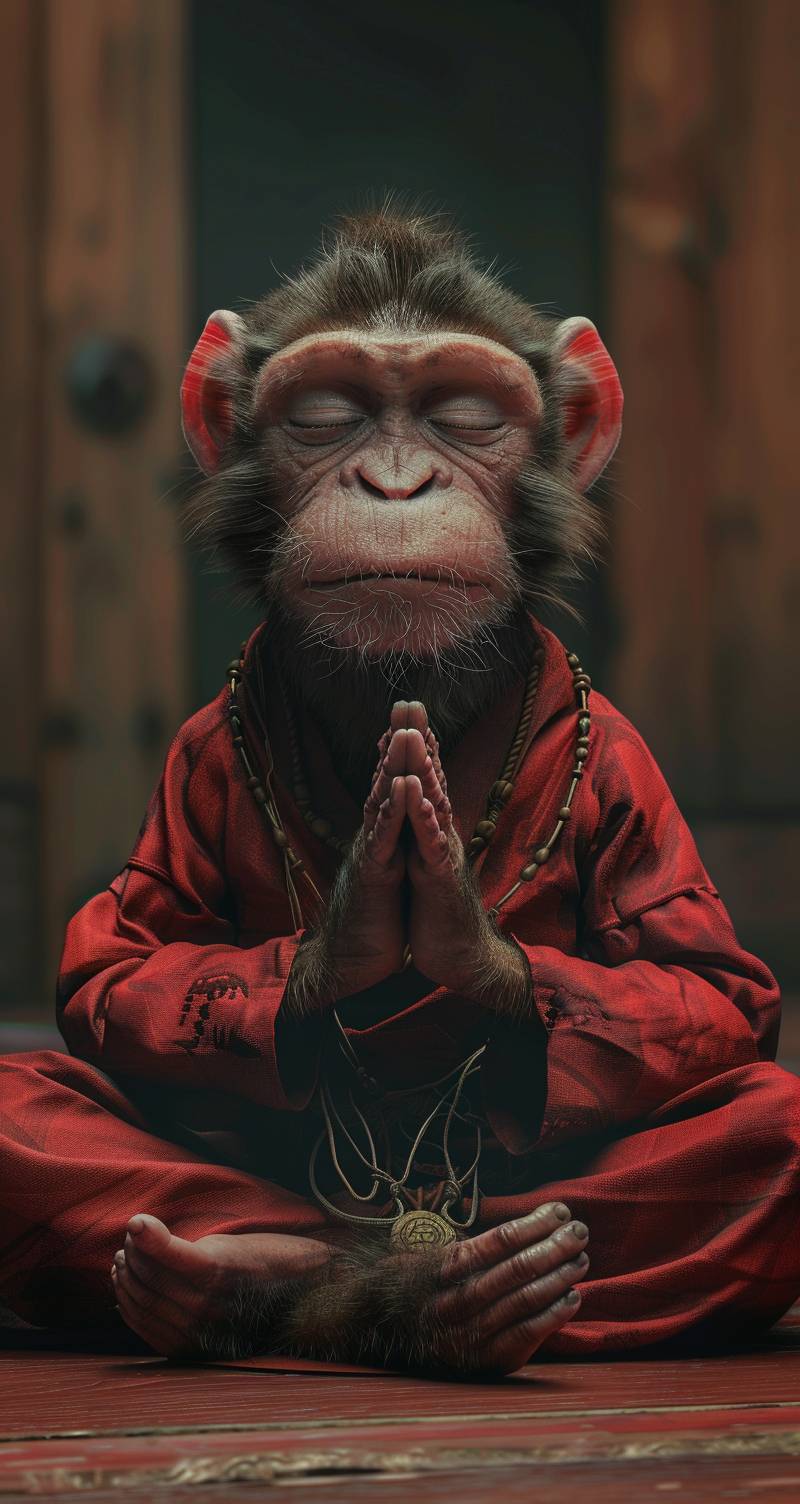 A monkey dressed in monk's , hands clasped together and meditating with his legs crossed, in the style of Disney Pixar, cartoon, cute, cinematic shot, hyper realistic.