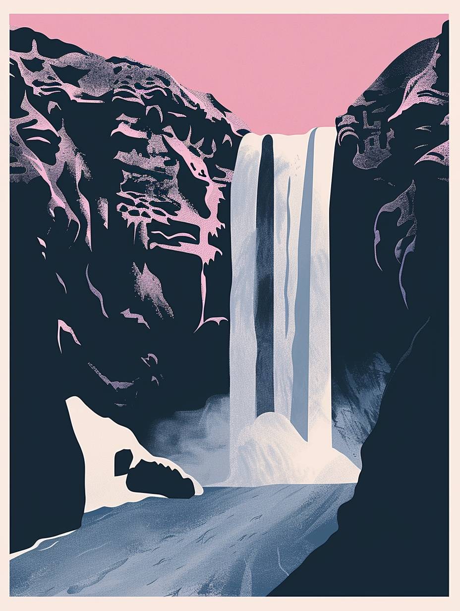 Vector graphic, Daniel Liebeskind Iceland poster risograph poster with grainy texture, concrete and brutalism, in the style of bold modernist graphic design, Icelandic landscape, waterfall, Swiss style, Cluj school, by Dan Hipp, light muted colours